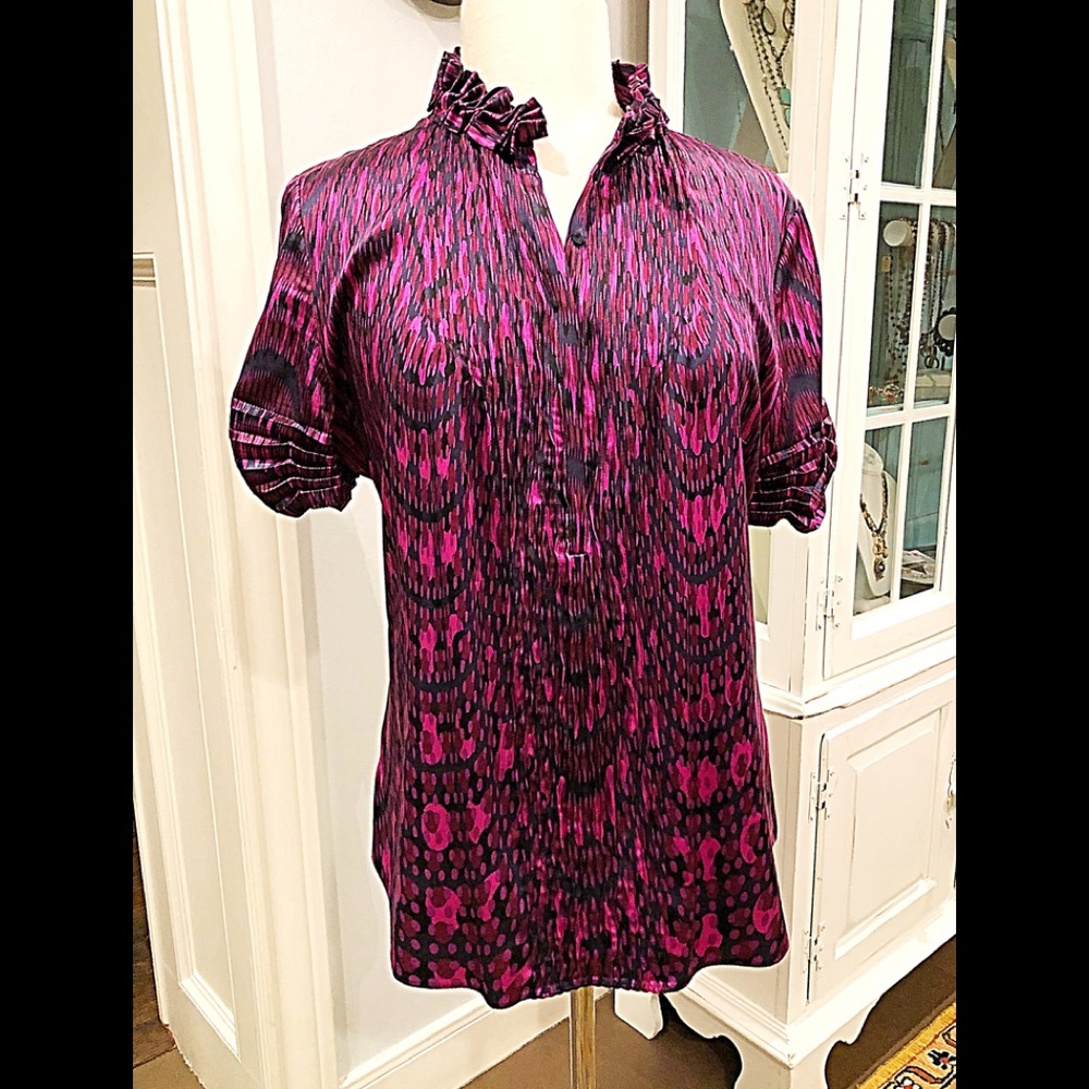 Elie Tahari Ladies Short Sleeve Silk Print Top Lg